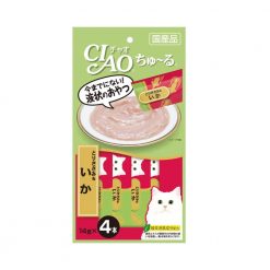 CIAO ชูหรุ ขนมแมวเลีย รสเนื้อสันในไก่ผสมปลาหมึก ซองละ14g (4ซอง)