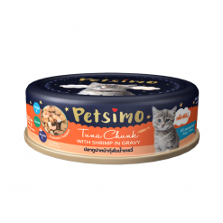 Petsimo อาหารแมวแบบเปียกชนิดกระป๋อง สูตรปลาทูน่าหน้ากุ้งในน้ำเกรวี่-85g